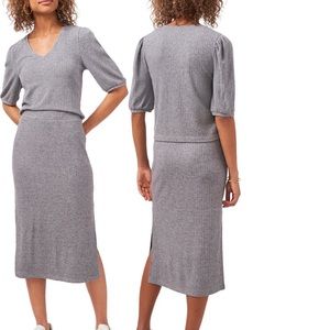 State gray ribbed puff shoulder skirt set